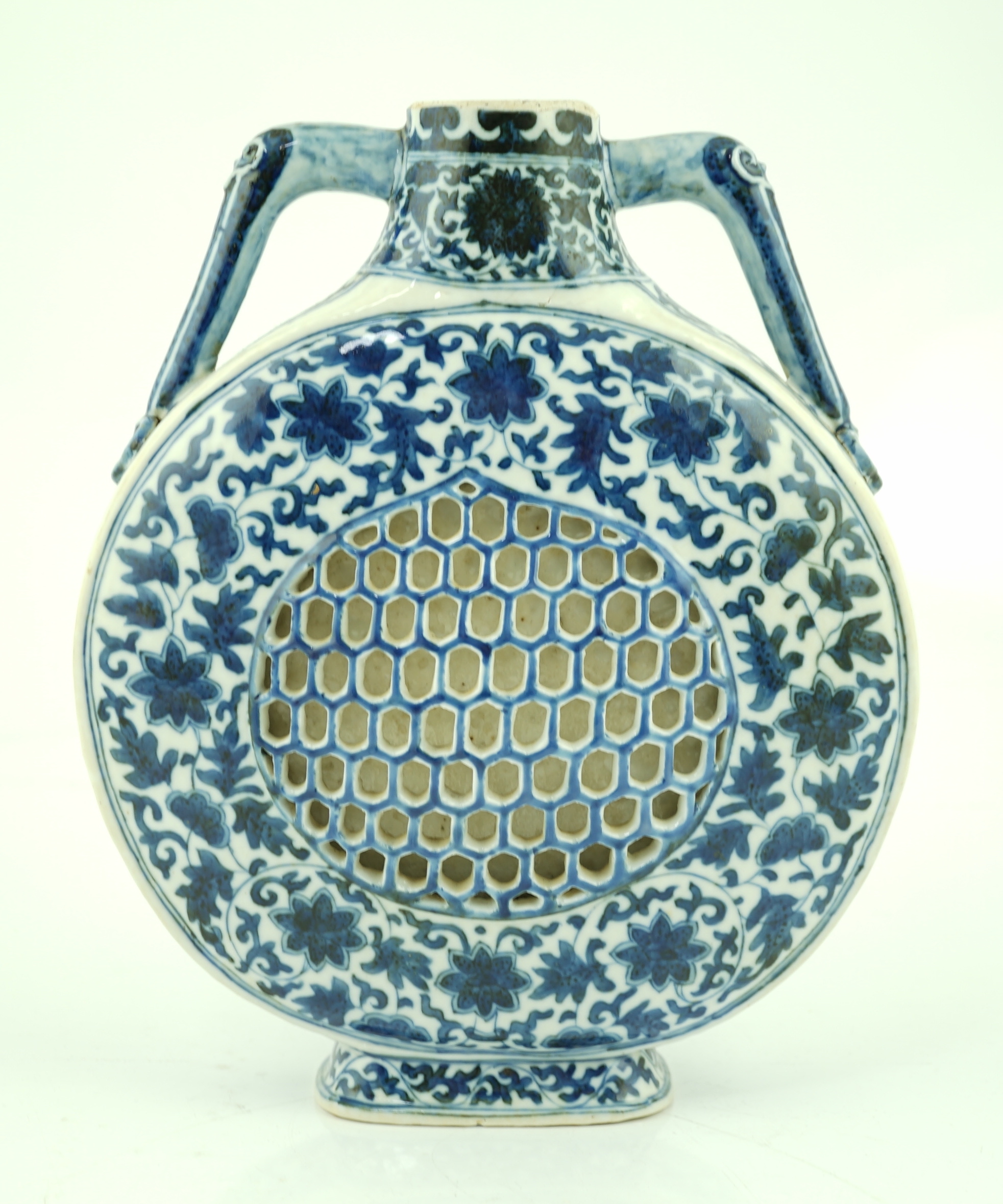 A Chinese blue and white moonflask, Daoguang six character mark and of the period, neck reduced